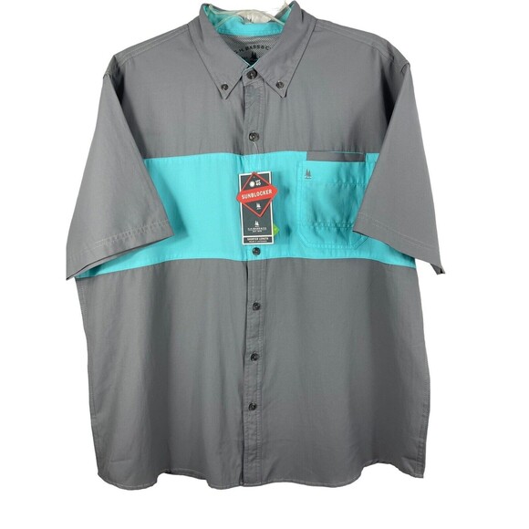 G.H. Bass Short Sleeve Button Up Sunblocker Wicking XL Gray Aqua Shirt NWT - Picture 1 of 11